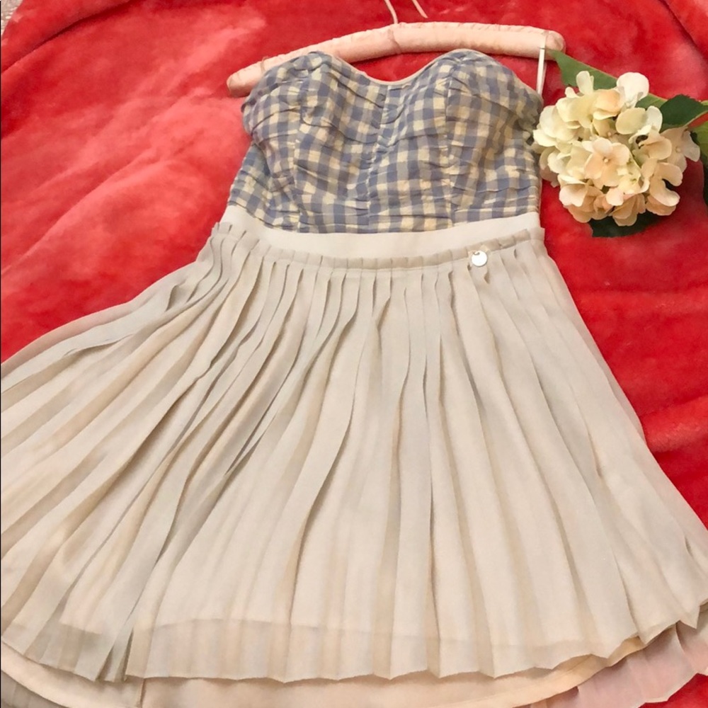 Guess Strapless Baby Blue Gingham/Beige Dress
